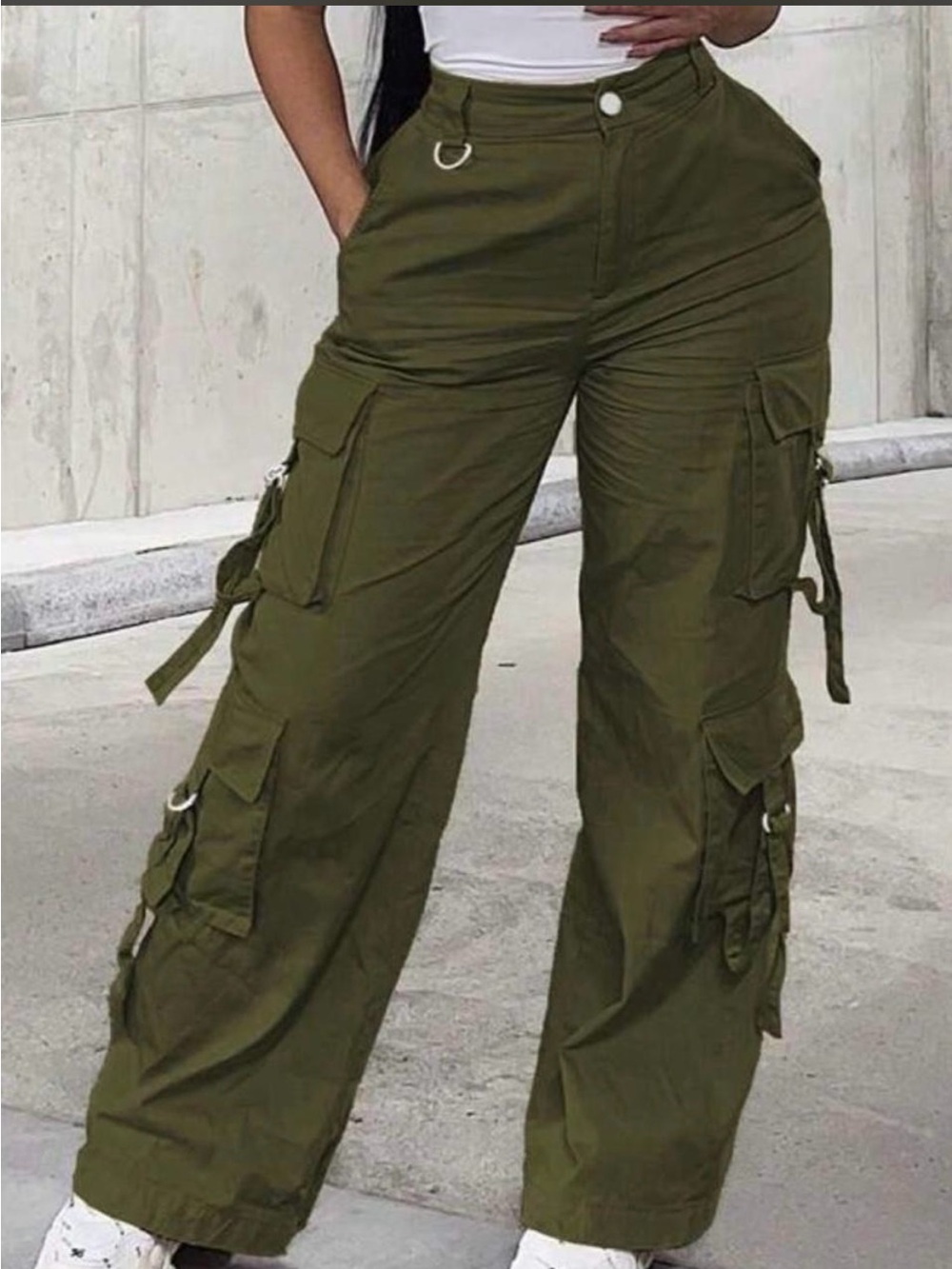 SHEIN Olive Green Wide-Leg Cargo Pants with Ring & Strap Details